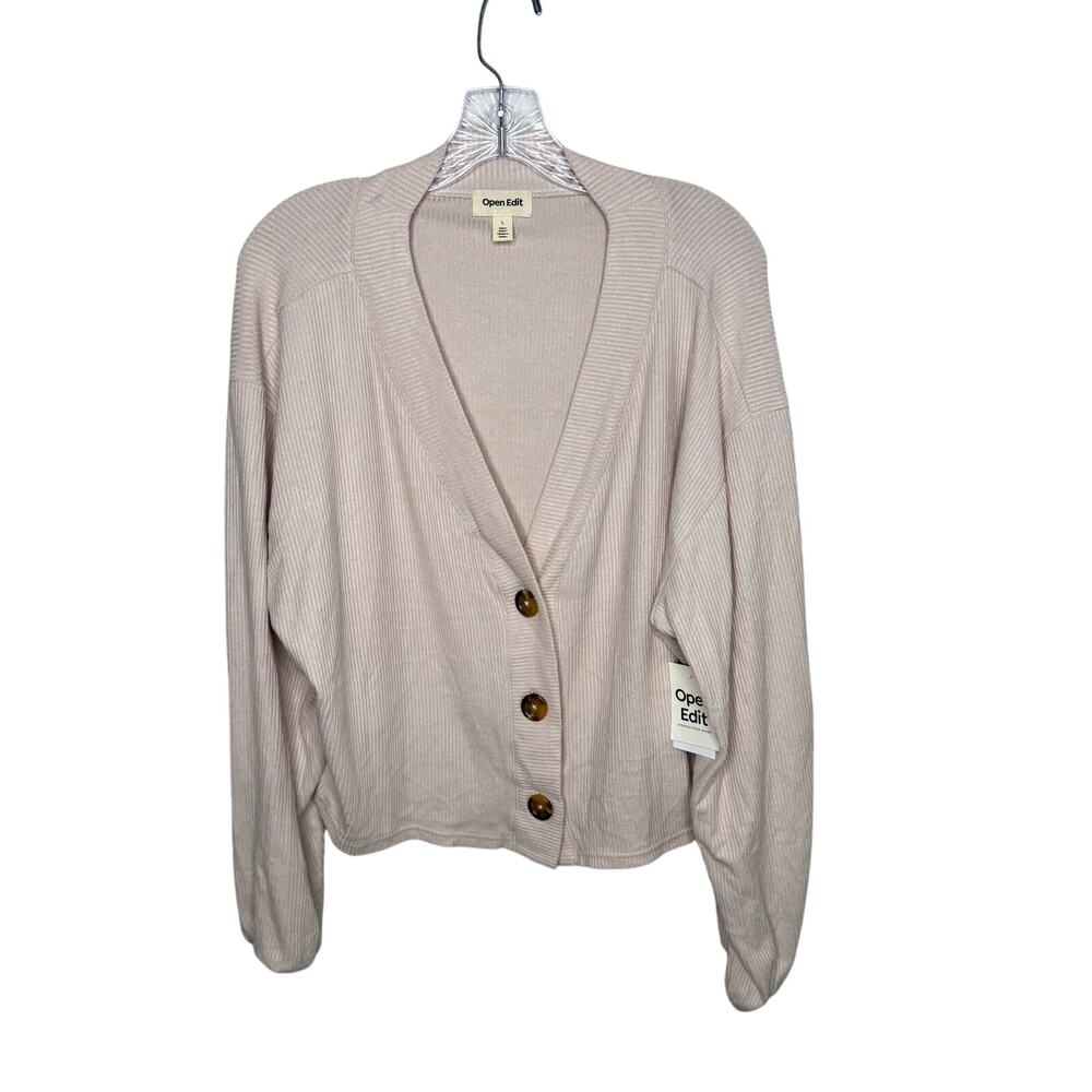 Open Edit L Beige Ribbed Button Front Cardigan Sweater Nordstrom $89 NWT